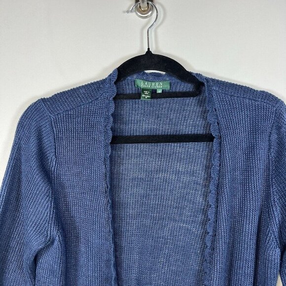 Lauren Ralph Lauren Navy Blue Open Cardigan Womens Sz Medium 100% Linen Crotchet - Picture 3 of 9